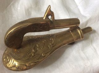 Old Cast Brass Pistol And Gun Powder Flask Door Knocker Heavy Solid Unusual 7.  5”