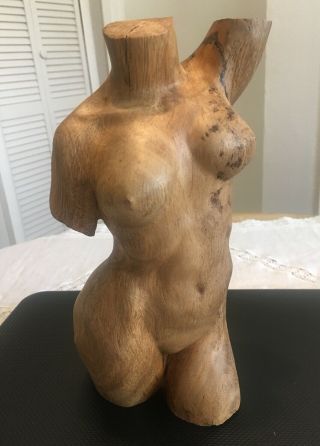 Mid - Century Female Torso Bust Nude Woman Hand - Carved Teak Wood Carving Sculpture