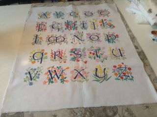 Stunning Vintage Hand Embroidered Panel Alphabet Country Garden Flowers