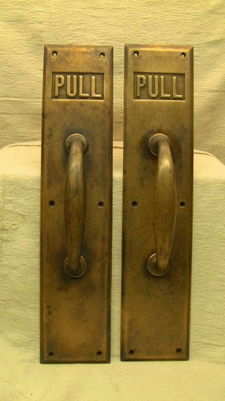 Pair 2 Vtg Commercial Matching Solid Brass Door Pull Handles Plates Large