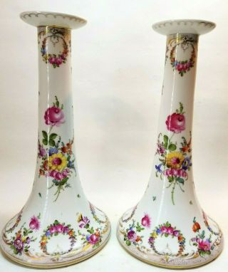 Dresden Germany 10.  5 " Porcelain Candle Sticks - - Pair - - Floral Pattern - - Crown Mark
