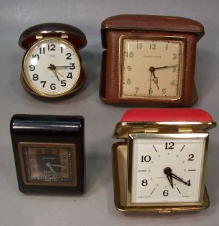 Group Of 4 Vintage Travel Alarm Clocks,  2 Westclox,  Phinney - Walker,  Elgin