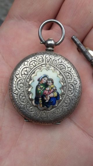 Rrr Rare Swiss 935 Silver Pocket Watch With Virgin Mary And Jesus Christ