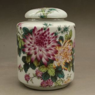 China Old Hand - Carved Porcelain Famille Rose Chrysanthemum Pattern Tea Caddy B01