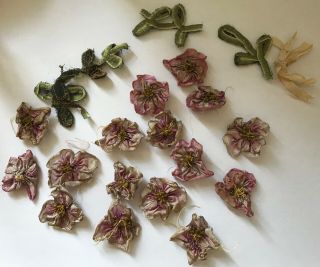 Antique Vtg French 16 Silk Ribbonwork Flowers Trim Millinery Passimenterie Ombre