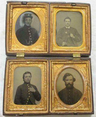 Civil War 4 - 1/9th Soldier Photos In Thermoplastic Case 3 Ambrotype 1 Tintype