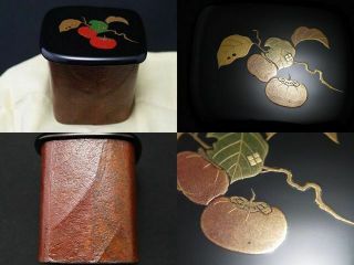Japan Ittsukan Lacquer Wooden Tea Caddy Persimmon Makie Persimmon Leaves Chaki