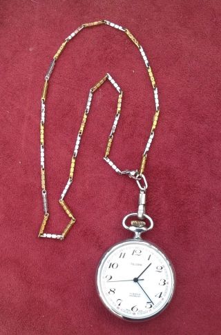 Vintage Pocket Watch Telora Swiss Movement Mechanical with Chain Incabloc 17 jew 3