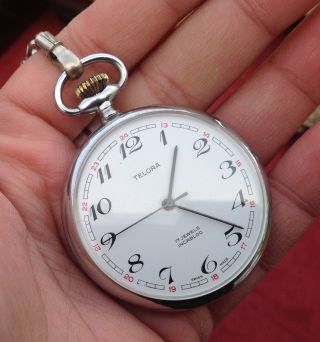 Vintage Pocket Watch Telora Swiss Movement Mechanical with Chain Incabloc 17 jew 4