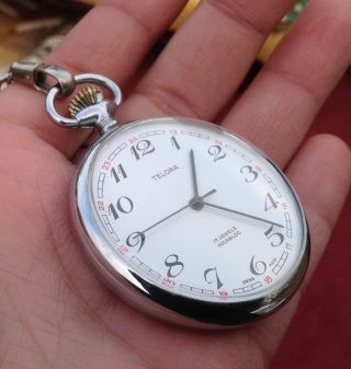 Vintage Pocket Watch Telora Swiss Movement Mechanical with Chain Incabloc 17 jew 5