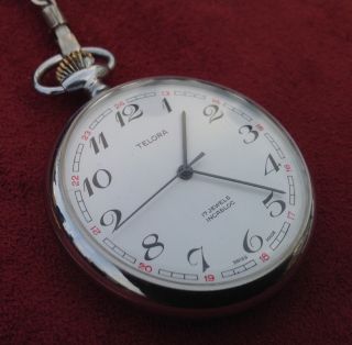 Vintage Pocket Watch Telora Swiss Movement Mechanical with Chain Incabloc 17 jew 7