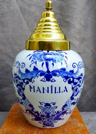 Antique Delftware Large Tobacco Jar With Text Manilla Delft Ca.  1900