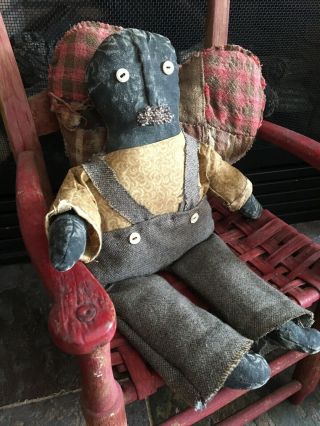 Early Look Black Aged Folk Art Boy Doll Handmade Old Wool Pants Old Buttons