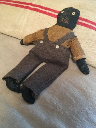Early Look Black Aged Folk art Boy Doll Handmade Old Wool Pants Old Buttons 3