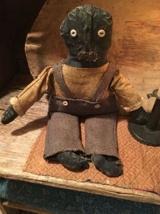 Early Look Black Aged Folk art Boy Doll Handmade Old Wool Pants Old Buttons 5