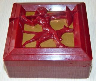 Hickok Bakelite Jewelry Box Art Deco Dark Maroon Nude Greek Archer & Dog