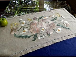 Antique 19c Textile Arts & Crafts Flax Linen Centerpiece Runner Fab Embroidery