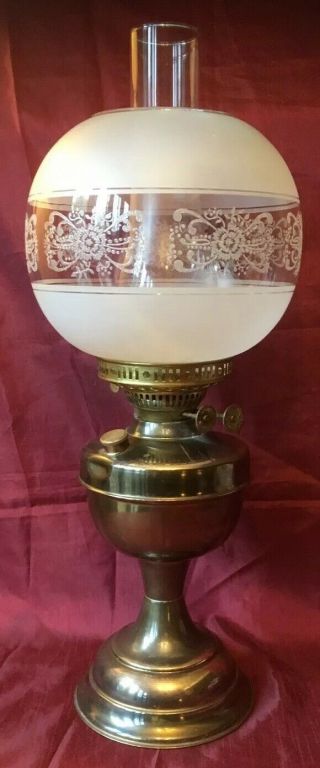 Edwardian Twin Duplex Brass Oil Lamp With Chimney & Etched Glass Shade 19.  3/4”