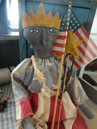 Primitive Black Liberty Doll Handmade Antique Us Flag 48 Star Americana