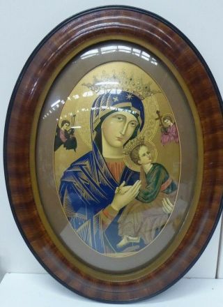 Large Convex Domed Glass Oval Frame Religious Picture Jesus & Mary