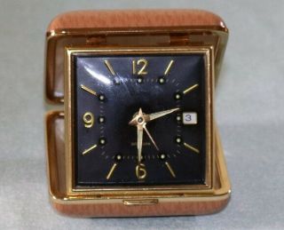 Vintage Rensie Fold Up Wind Up Travel Alarm Clock Brass Black Face Glow
