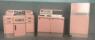 Vintage 1950s Wolverine Litho Tin Metal Toy Kitchen - Pink - 3 Piece Set