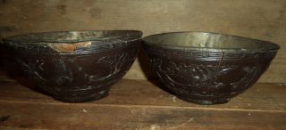 2 Matching Antique Chinese Asian Carved Coconut Shell Bowl Pair (set 4) W/wear