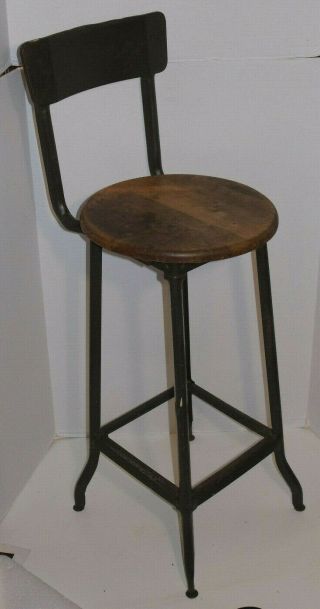 Vintage Industrial Factory Metal Stool Wood Seat 28 " Tall 14 " Dia Backrest