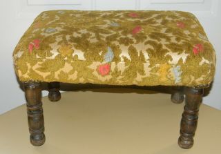 Vintage Antique Upholstered Footstool Bench 18 " Long 10 1/2 " Tall Wood Legs