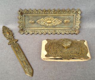 Antique Frenchnapoleon Iii Office Set Made Of Bronze 19th Century Paper Knife