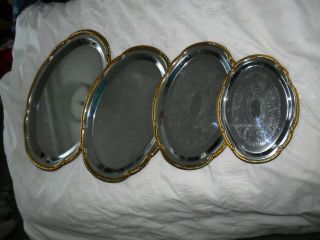 Rare Vintage Set of 4 Gilt Edged Stainless Steel Serving Trays / Food Platters 3