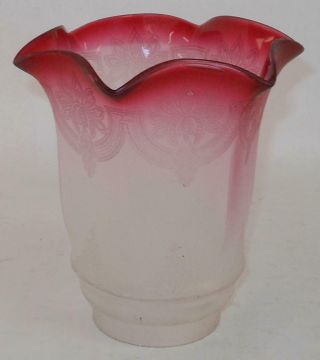 Antique Victorian Etched Glass Oil Lamp Shade Cranberry Fuschia Flowers