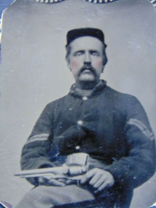 Antique Tintype Photograph Of Civil War Soldier Holding Colt Army Revolver