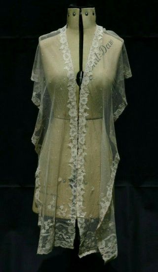 Antique 19thc Victorian Cream / Ivory Applique Lace Long Wedding Shawl / Scarf
