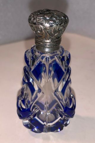Finely Cut Glass Perfume Bottle With Silver Hinged Top And Bristol Blue Overlay