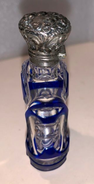 Finely Cut Glass Perfume Bottle with Silver Hinged Top and Bristol Blue Overlay 2