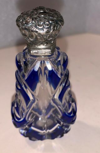 Finely Cut Glass Perfume Bottle with Silver Hinged Top and Bristol Blue Overlay 3