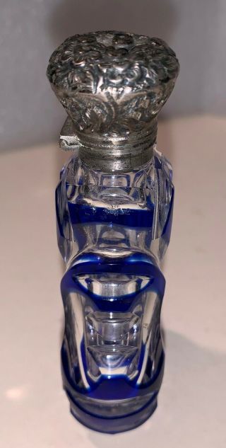 Finely Cut Glass Perfume Bottle with Silver Hinged Top and Bristol Blue Overlay 4