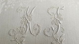 2 Xl Antique French Linen Napkins Damask Mj Mt Lw Hand Monogrammed Gorgeous