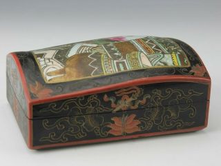 Japanese Painted Scroll Floral Black Lacquered Porcelain Lidded Jewelry Box Bvr