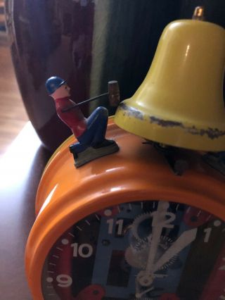 RARE ORANGE/YELLOW VTG JERGER WEST GERMANY BUSY BOY BELL WIND UP ALARM CLOCK 2