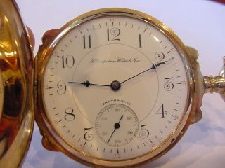 AWESOME 16s HAMPDEN Wm McKinley 14 - KARAT SOLID GOLD BOXED HUNTING POCKET WATCH 8