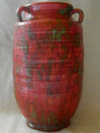 Awaji 8 1/2 " Tall Lava Flambe Orange With Green 3 Handled Vase -