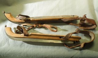 Antique Wooden,  Leather And Steel Metal Ice Skates - Curl In Front