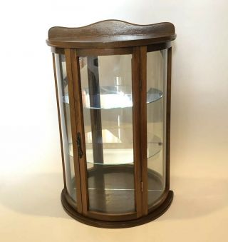 Vtg Curved Glass Mini Curio Cabinet Wood Display Case Shelves Wall Table - top B 2