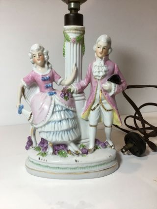 Antique German Porcelain Dresden Flowers Lamp French Courting Couple Figure Art