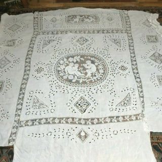 Antique Vintage Embroidered Linen Cut Work Lace Bed Cover Tambour 90 " By 88 "