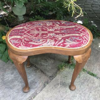 Antique Vintage Kidney Shaped Stool Dressing Table Queen Anne Wine Gold Brocade