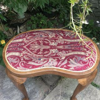 Antique Vintage Kidney Shaped Stool Dressing Table Queen Anne Wine Gold Brocade 2