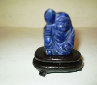 Antique Chinese Hand Carving Stone Budha Figure Lapis Lazuli Statue & Wood Stand